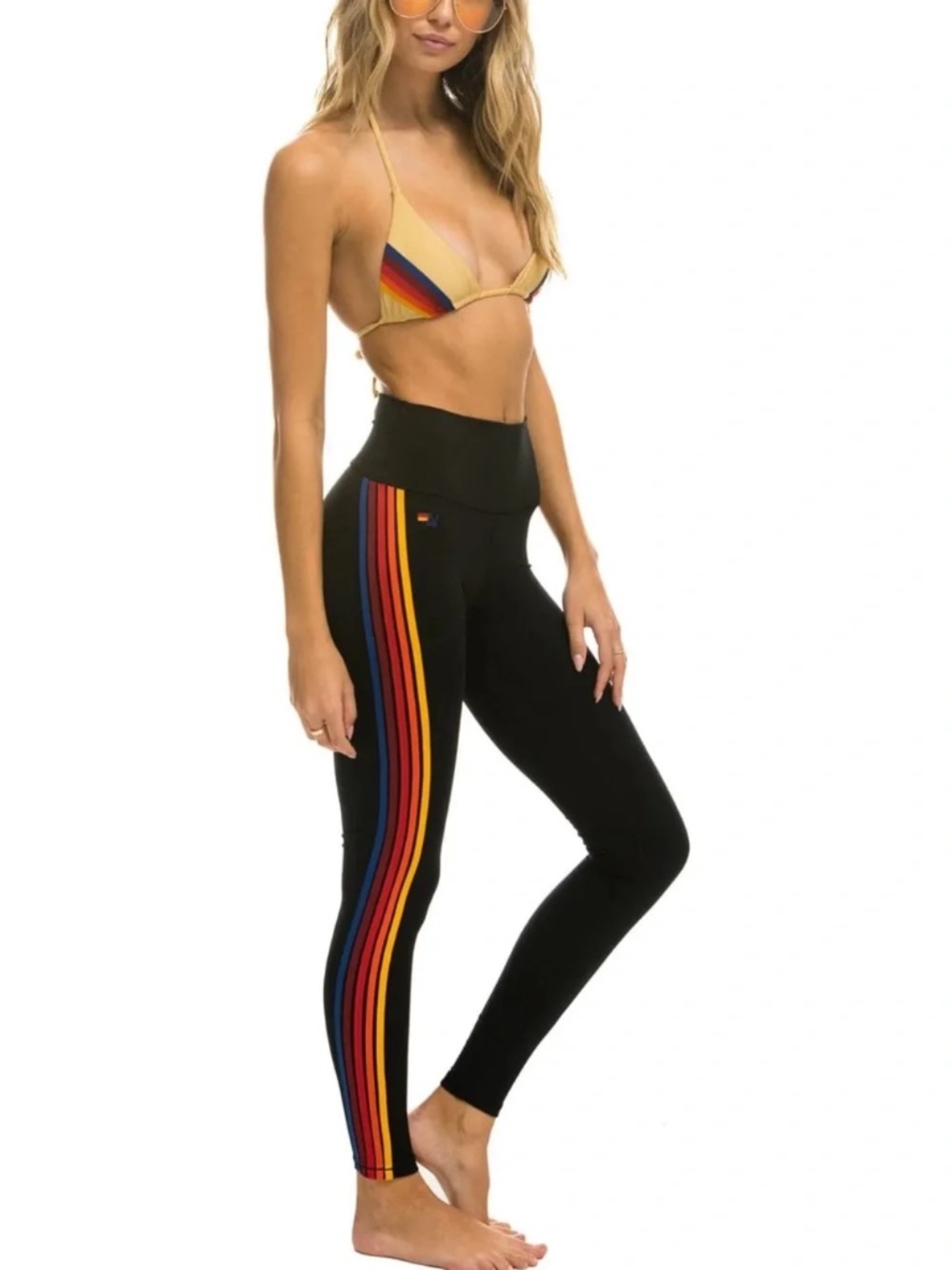 Aviator Nation Full Length Hi-Rise 5 Stripe Leggings Black Large